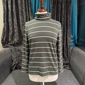 Talbots Women Forest Green Stripped Turtleneck Long Sleeve Petite Tee Size M